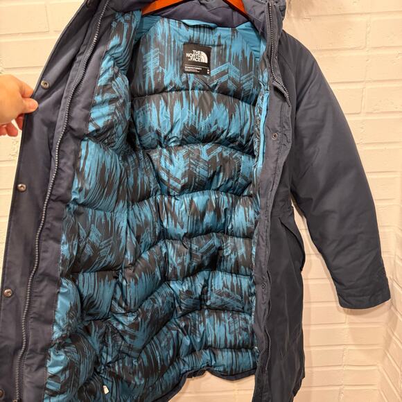 North Face Arctic Parka Down Jacket Navy Blue Faux Fur Hood Womens Med Winter - Picture 9 of 16